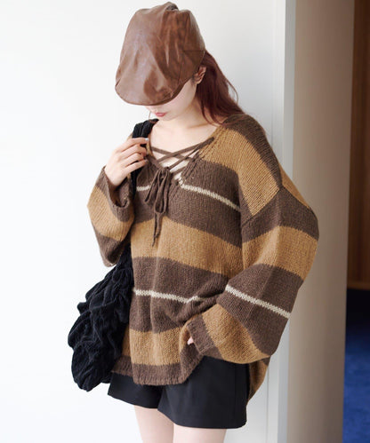 【純色&條紋/前後兩穿】繫帶寬鬆針織衫