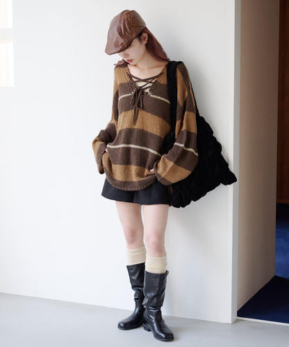 【純色&條紋/前後兩穿】繫帶寬鬆針織衫