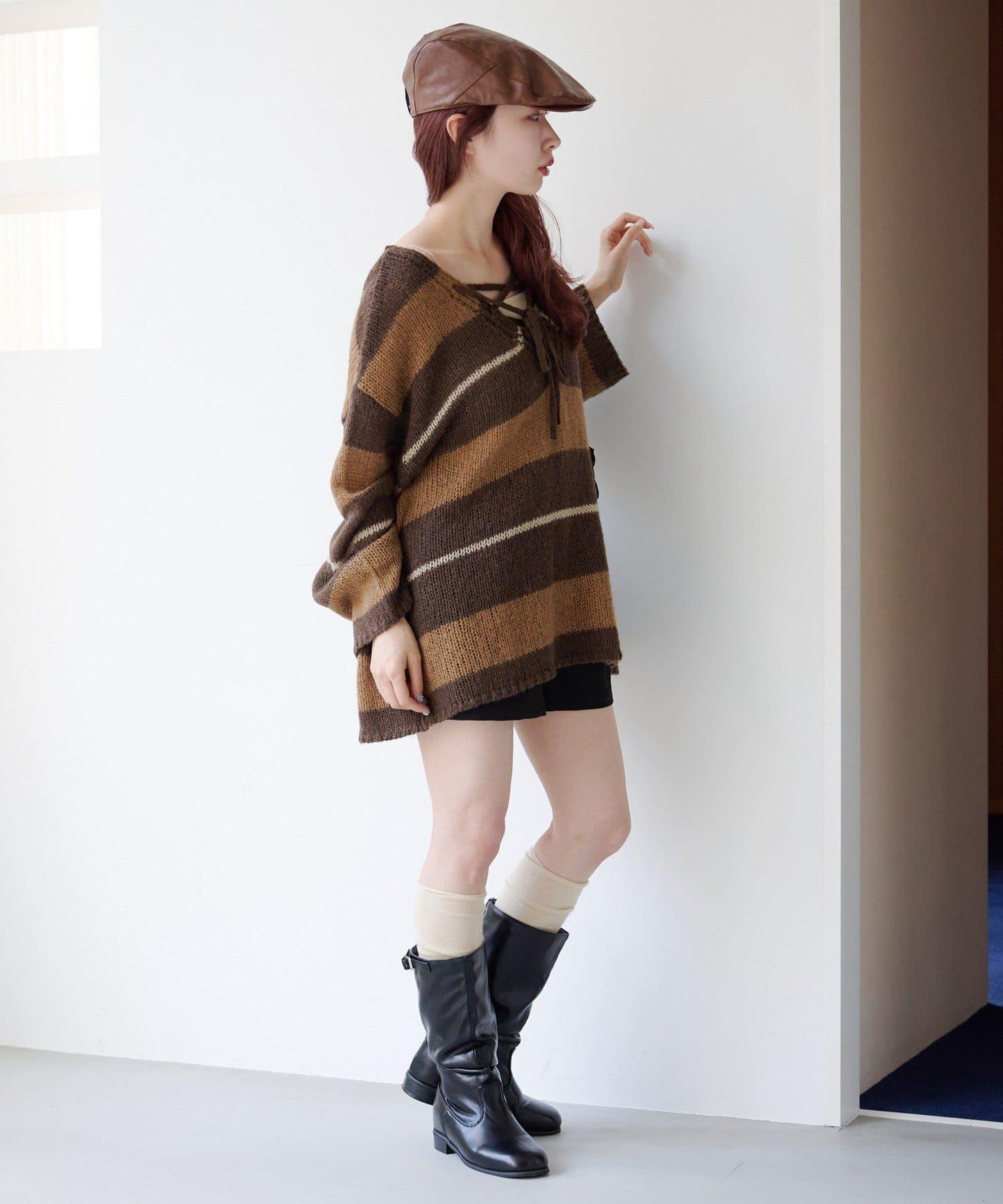 【純色&條紋/前後兩穿】繫帶寬鬆針織衫