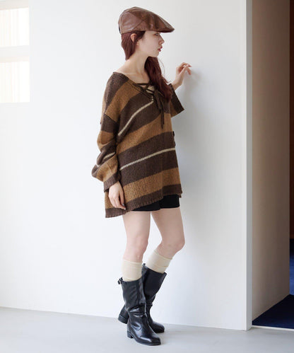 【純色&條紋/前後兩穿】繫帶寬鬆針織衫
