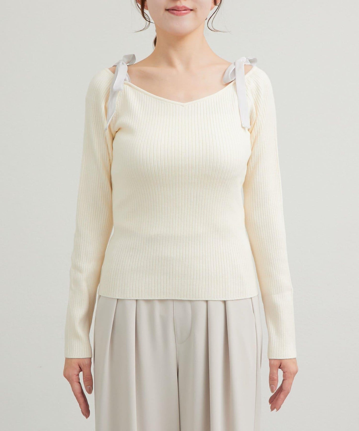 安哥拉觸感蝴蝶結一字肩針織衫