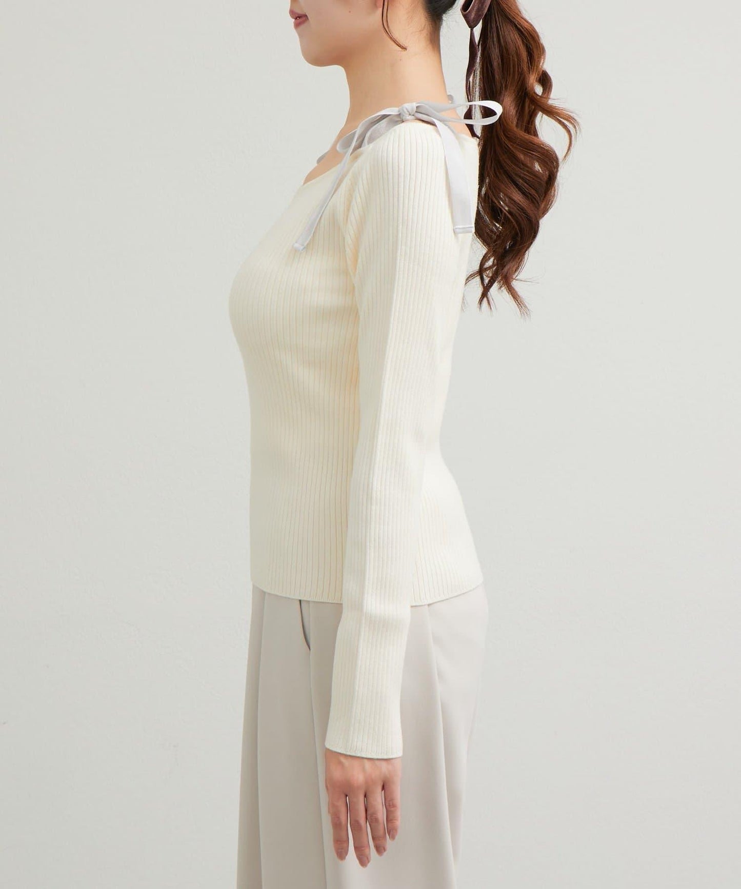 安哥拉觸感蝴蝶結一字肩針織衫