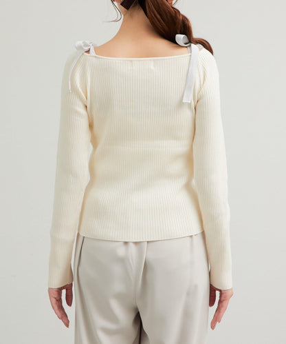 安哥拉觸感蝴蝶結一字肩針織衫