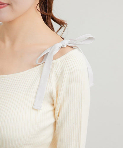 安哥拉觸感蝴蝶結一字肩針織衫