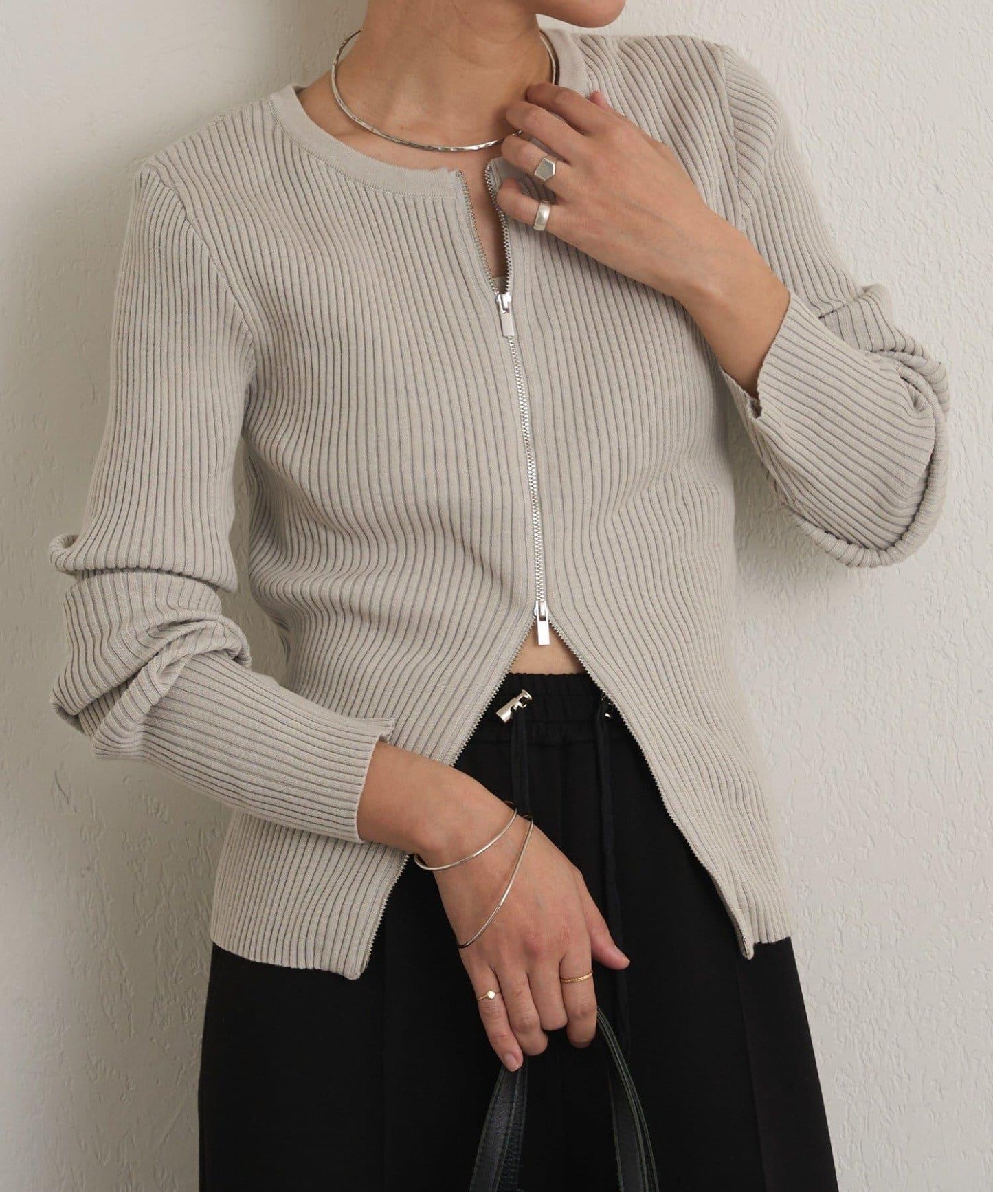 雙拉鍊羅紋開衫