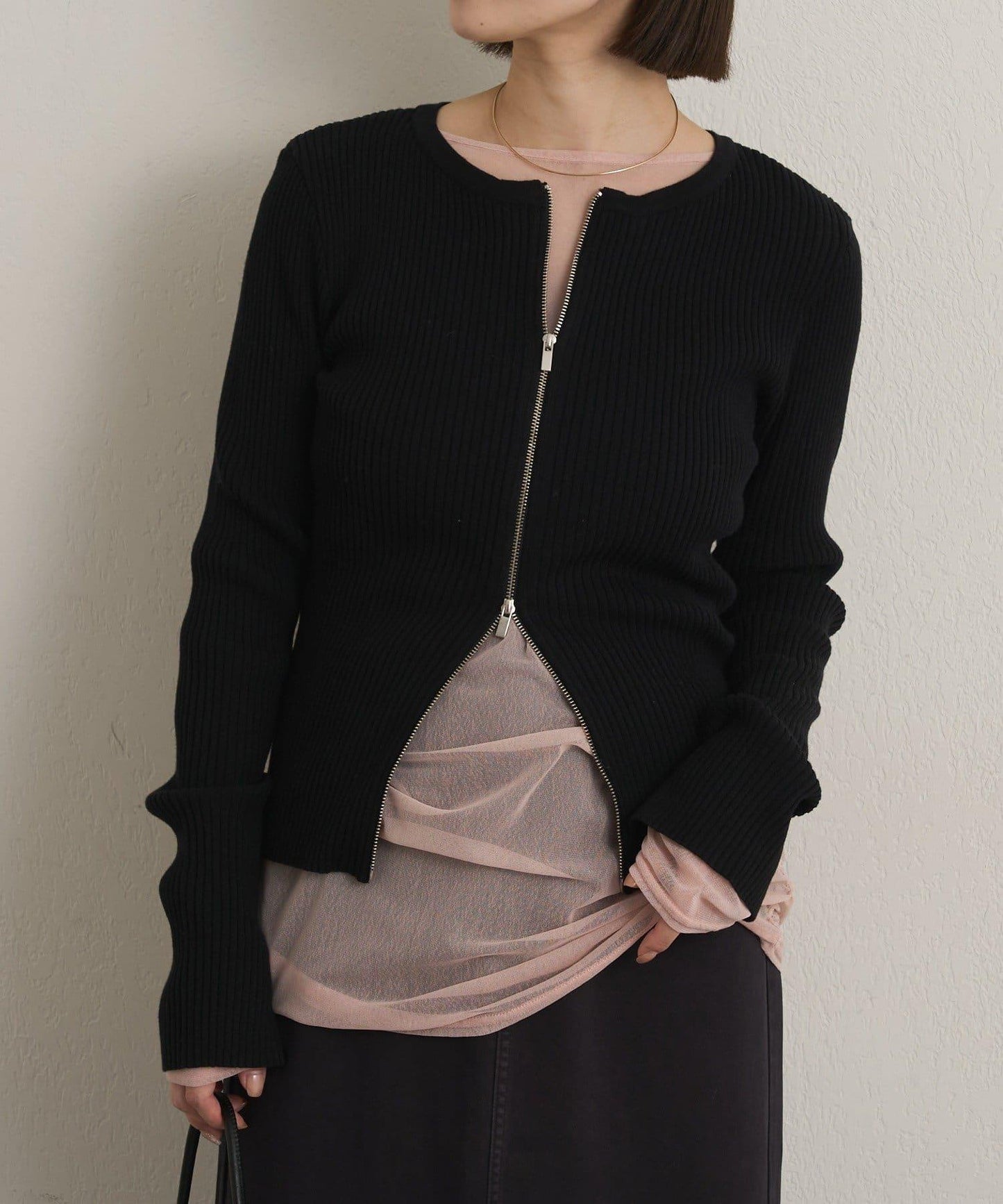 雙拉鍊羅紋開衫