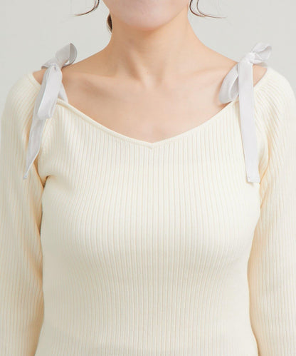 安哥拉觸感蝴蝶結一字肩針織衫