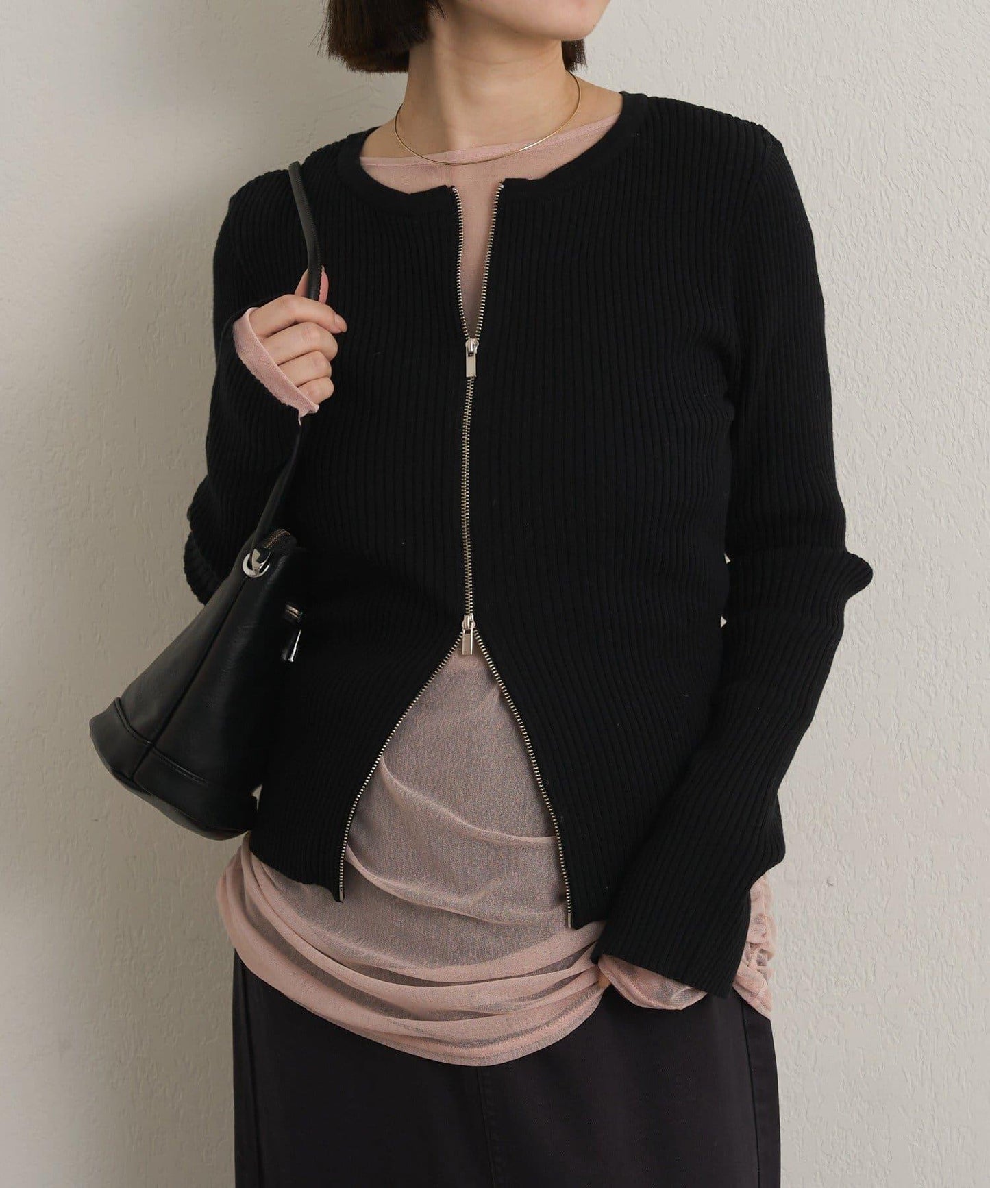 雙拉鍊羅紋開衫