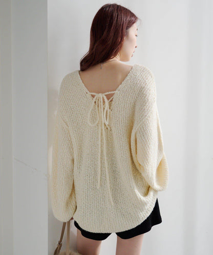 【純色&條紋/前後兩穿】繫帶寬鬆針織衫