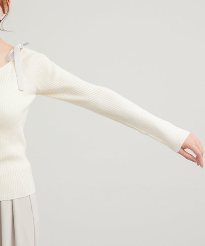 安哥拉觸感蝴蝶結一字肩針織衫