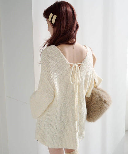 【純色&條紋/前後兩穿】繫帶寬鬆針織衫