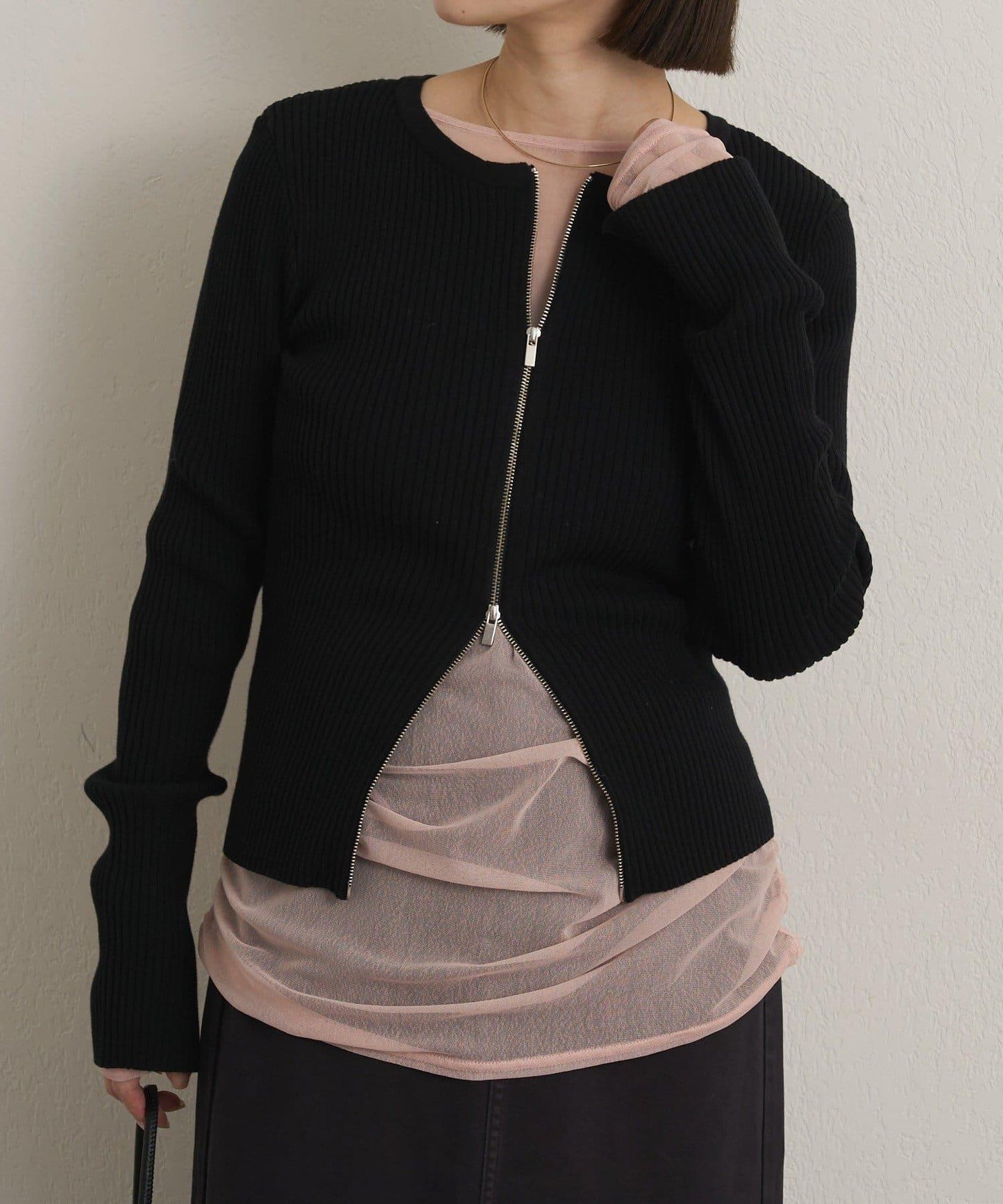 雙拉鍊羅紋開衫