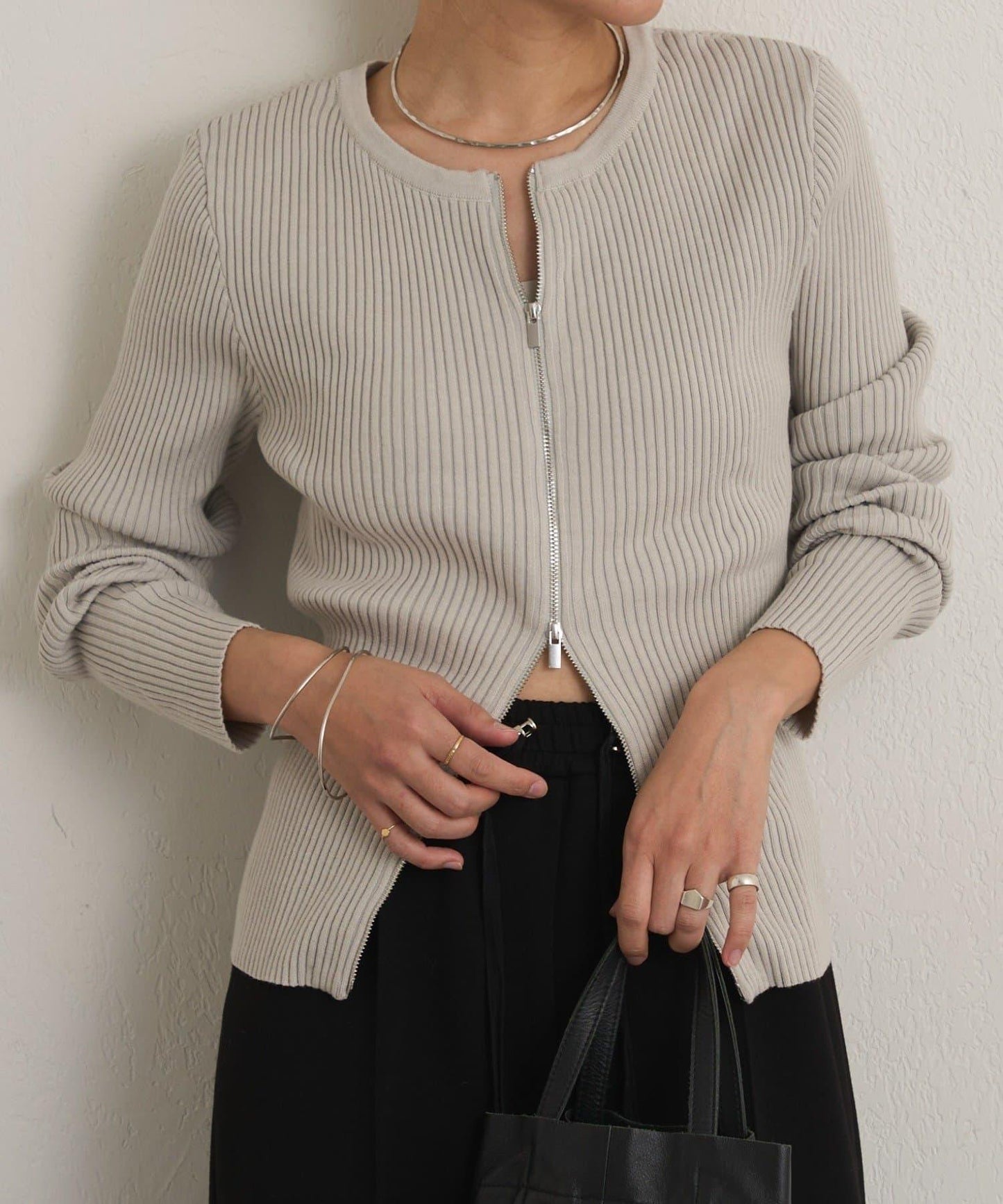 雙拉鍊羅紋開衫