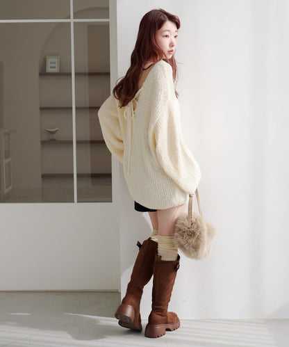 【純色&條紋/前後兩穿】繫帶寬鬆針織衫