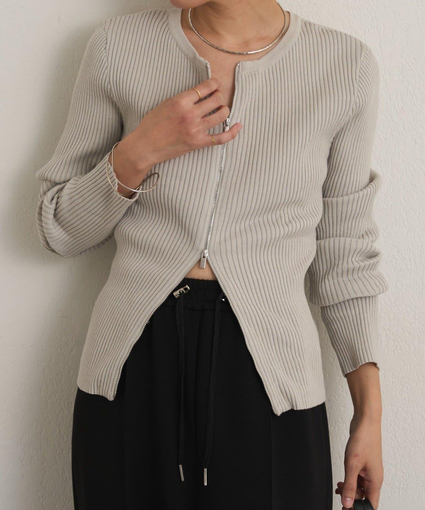 雙拉鍊羅紋開衫