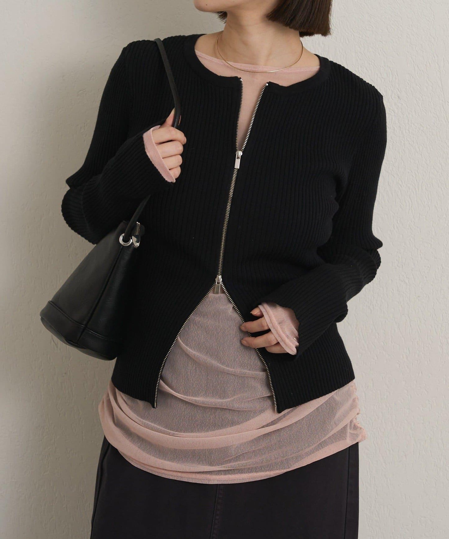 雙拉鍊羅紋開衫