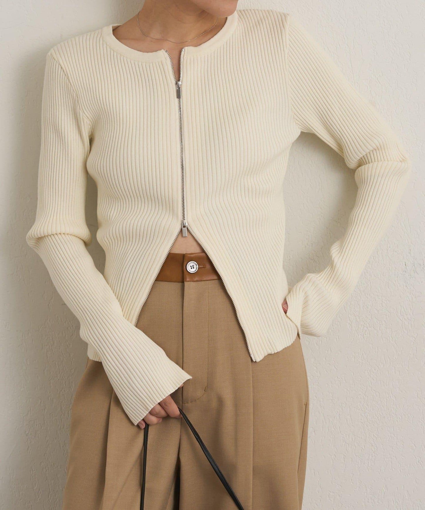 雙拉鍊羅紋開衫