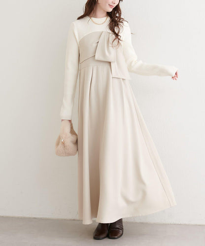 蝴蝶結風拼接連衣裙