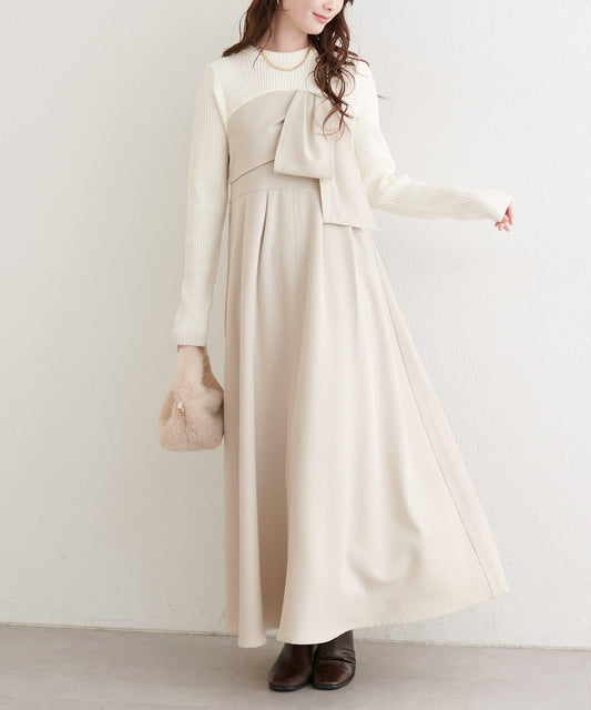 蝴蝶結風拼接連衣裙