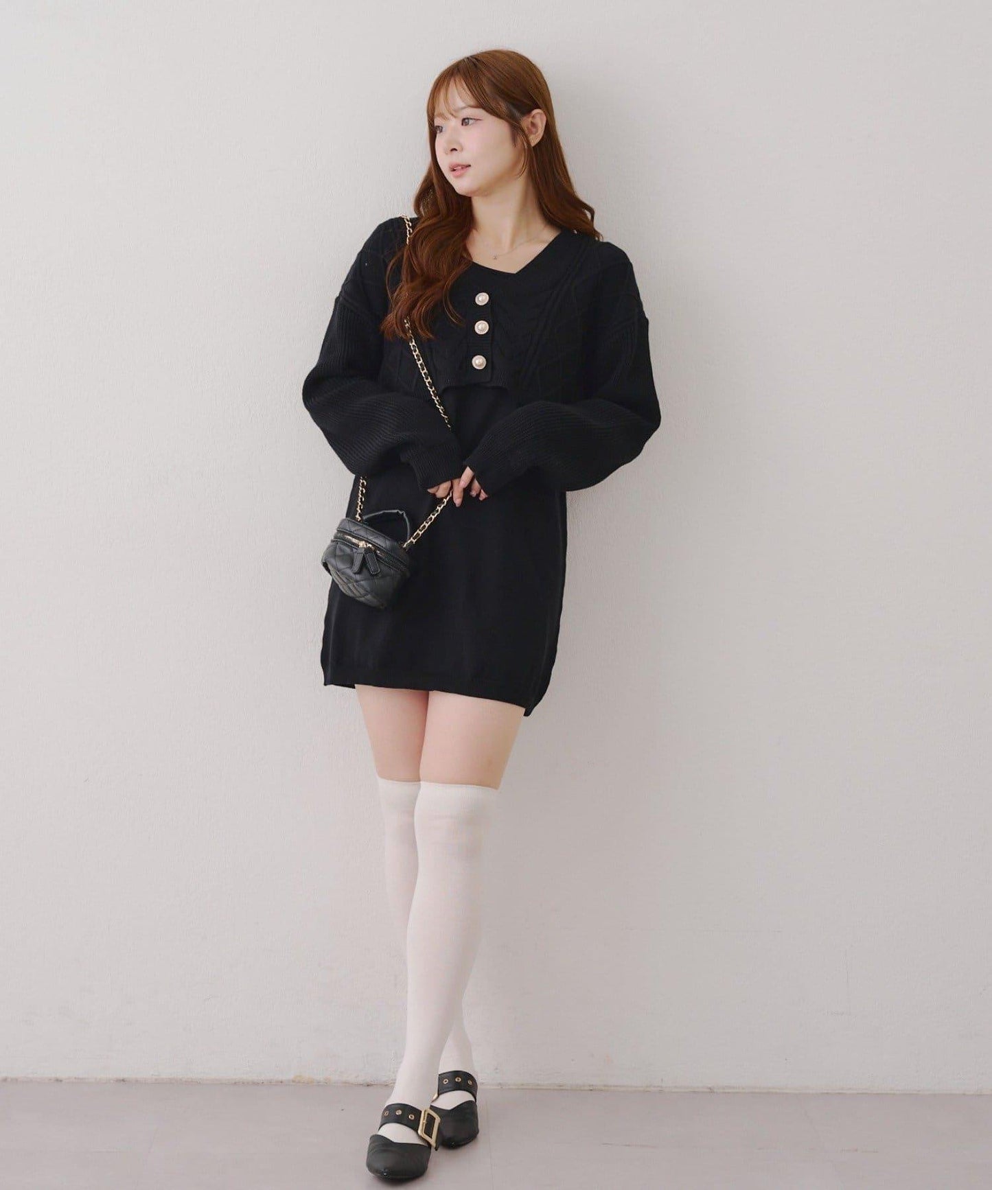 2套裝♪【RMAF】珍珠紐扣開衫+針織連衣裙