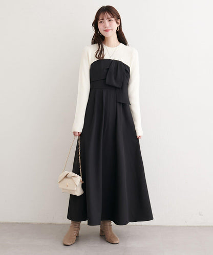 蝴蝶結風拼接連衣裙