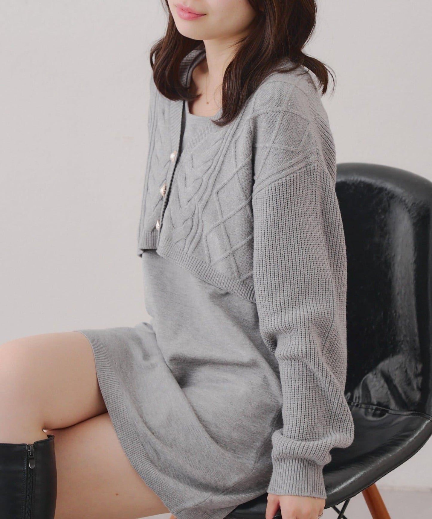 2套裝♪【RMAF】珍珠紐扣開衫+針織連衣裙