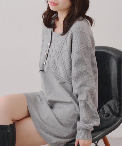 2套裝♪【RMAF】珍珠紐扣開衫+針織連衣裙