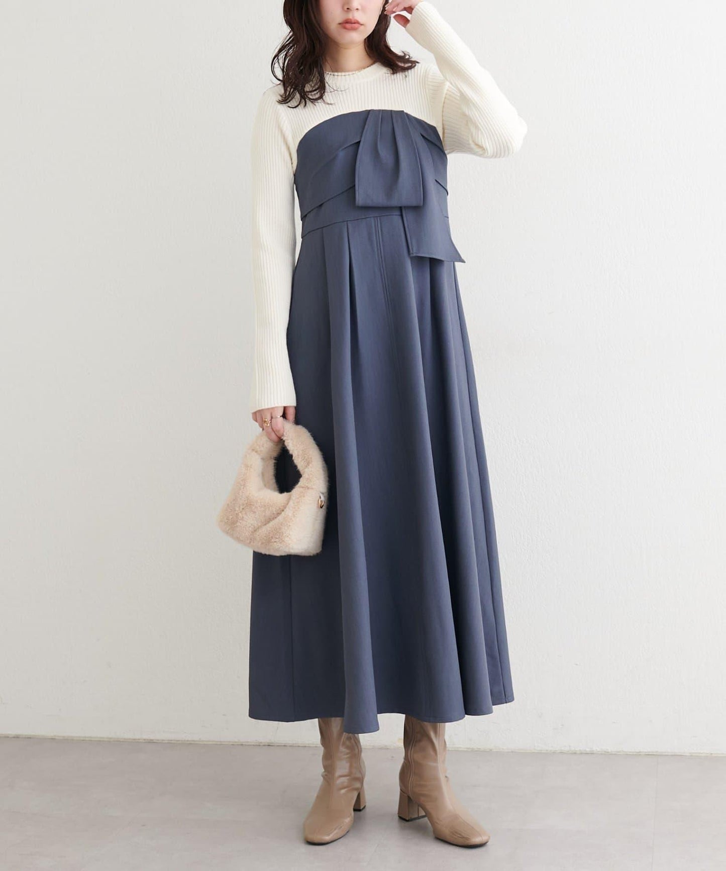 蝴蝶結風拼接連衣裙