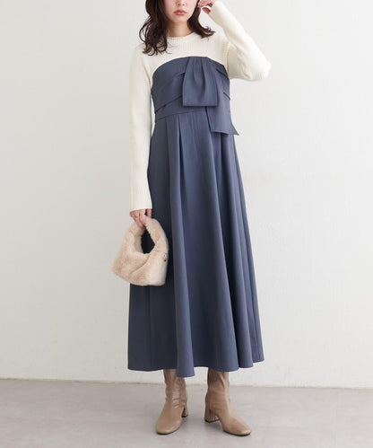 蝴蝶結風拼接連衣裙