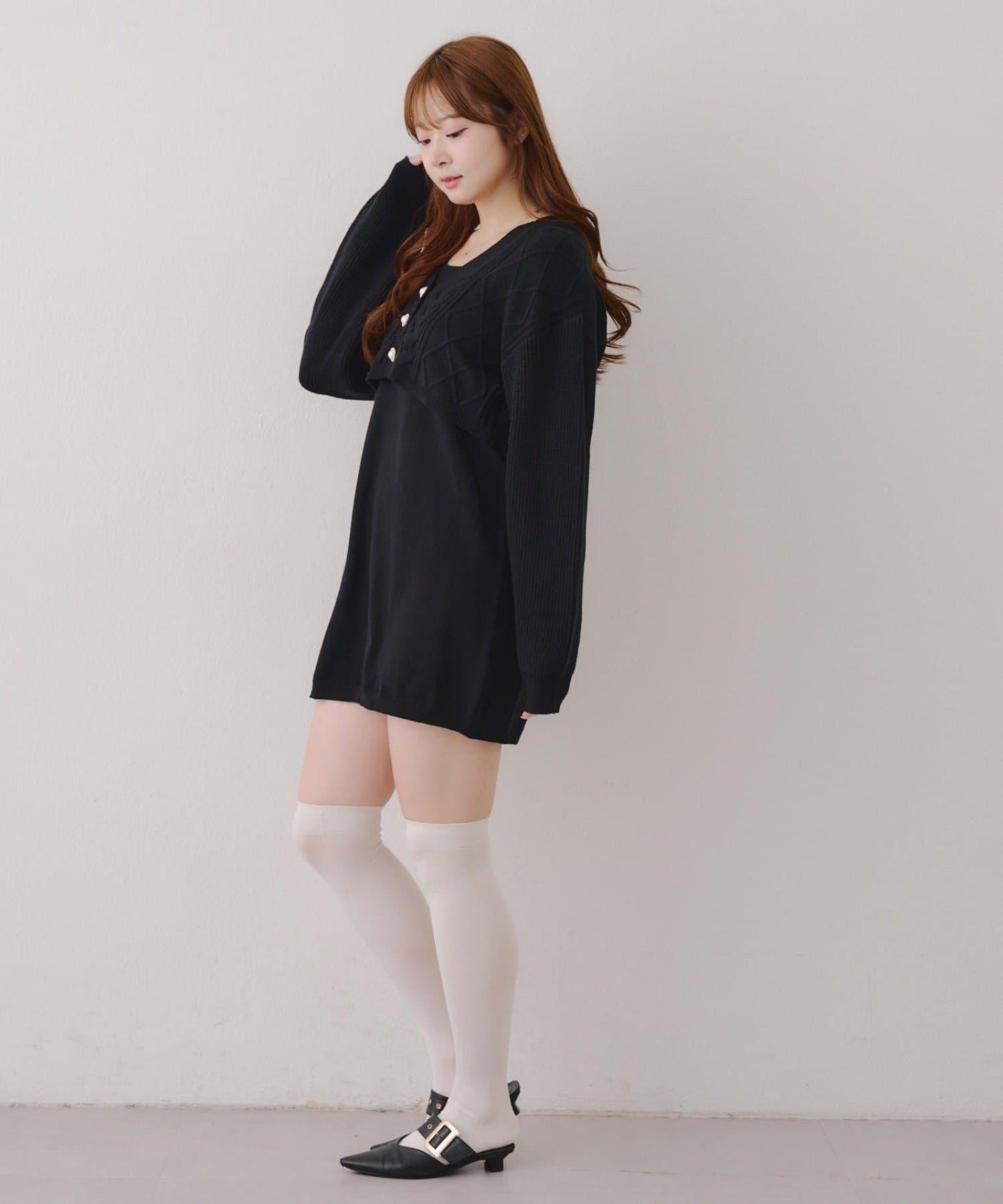 2套裝♪【RMAF】珍珠紐扣開衫+針織連衣裙