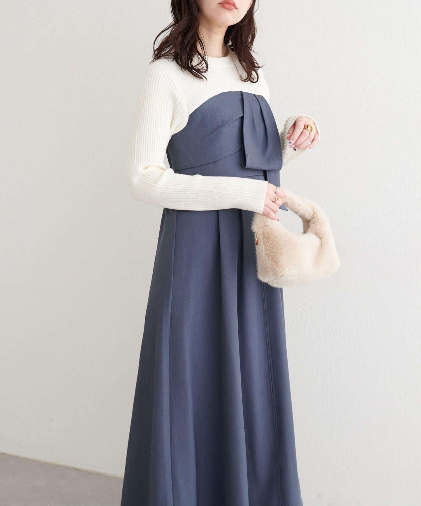 蝴蝶結風拼接連衣裙