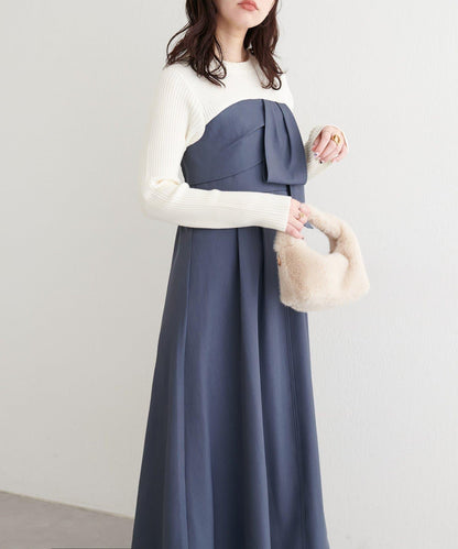 蝴蝶結風拼接連衣裙