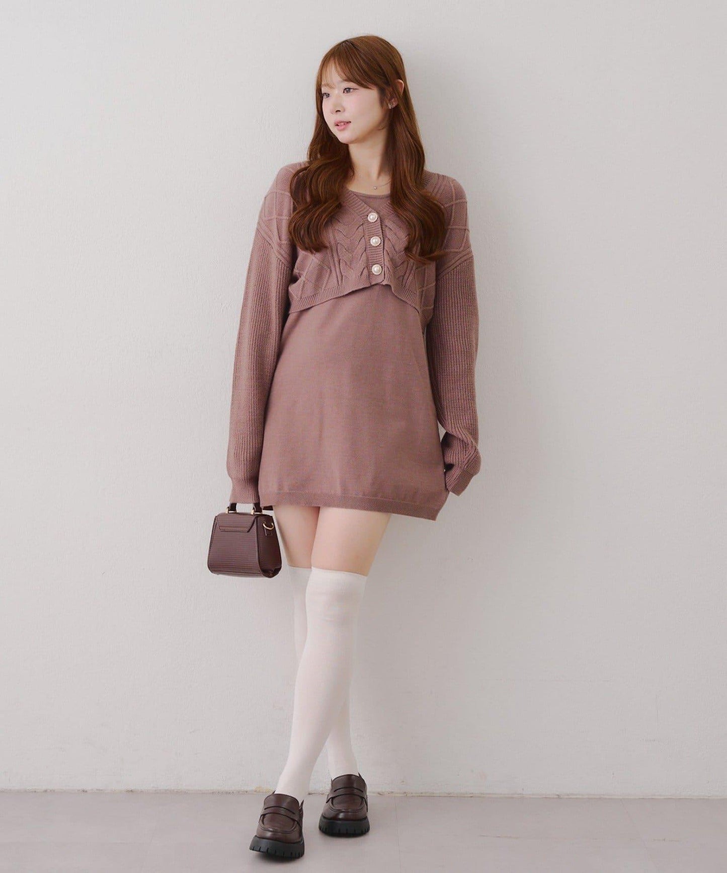 2套裝♪【RMAF】珍珠紐扣開衫+針織連衣裙