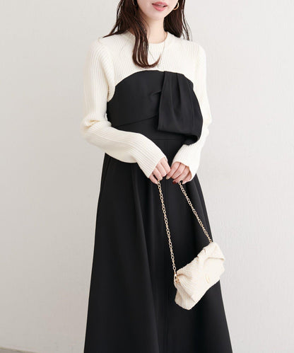 蝴蝶結風拼接連衣裙