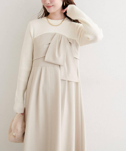 蝴蝶結風拼接連衣裙