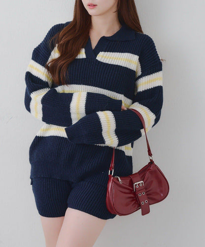 2套裝♪【RMAF】條紋針織POLO衫&針織短褲