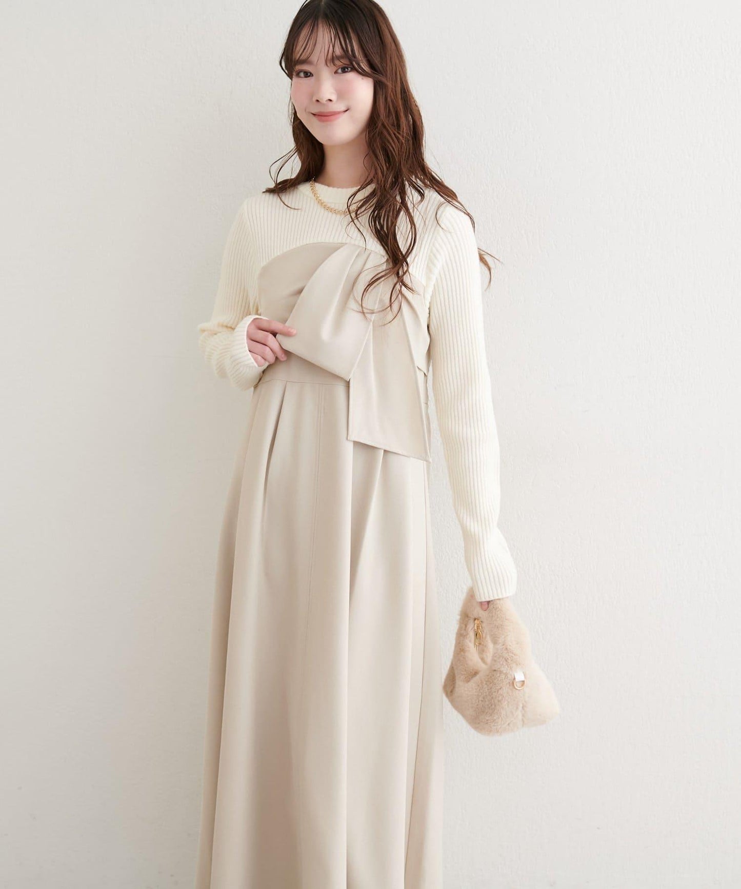 蝴蝶結風拼接連衣裙