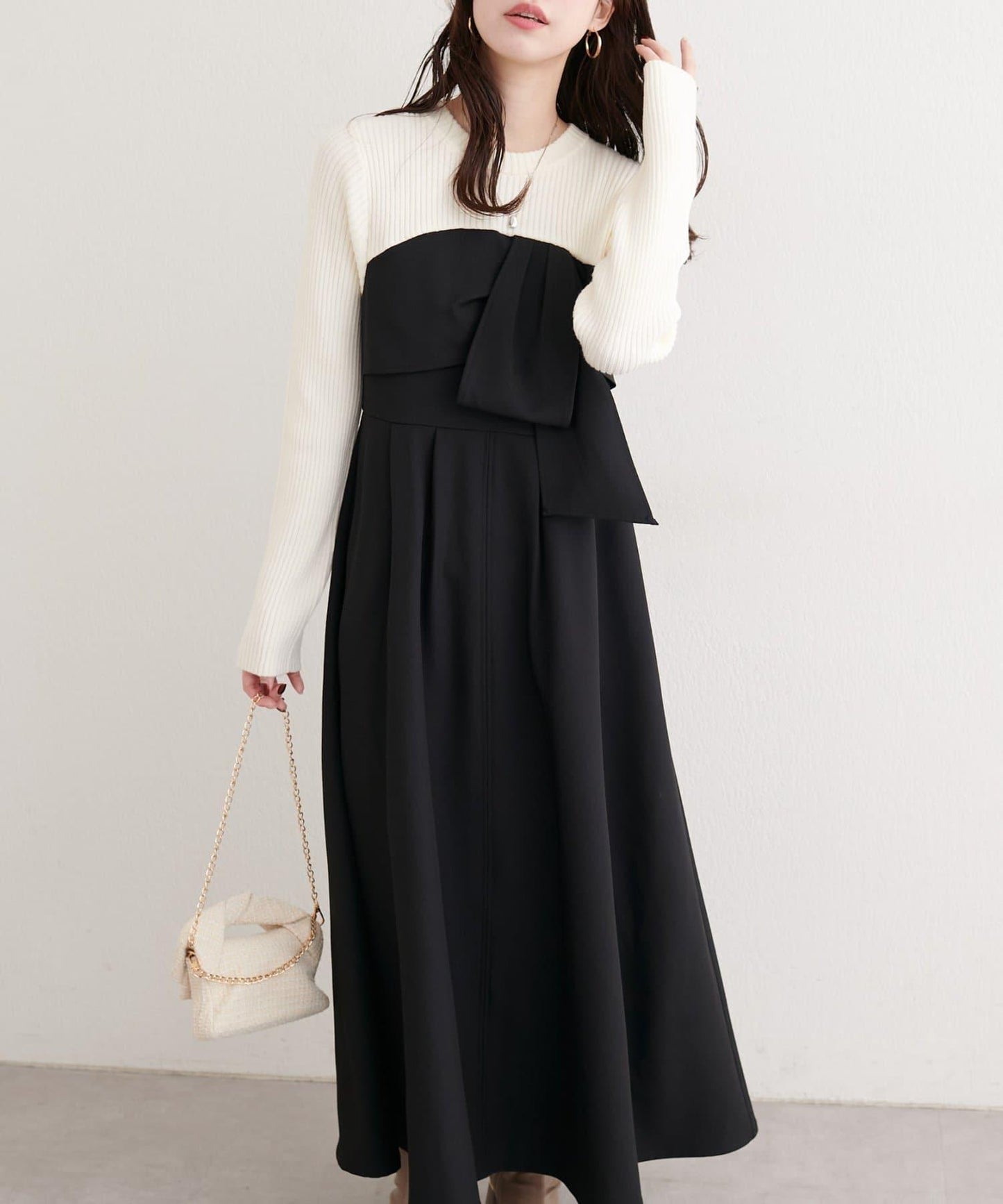 蝴蝶結風拼接連衣裙