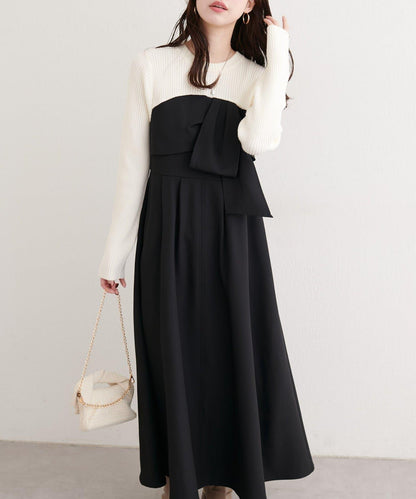 蝴蝶結風拼接連衣裙