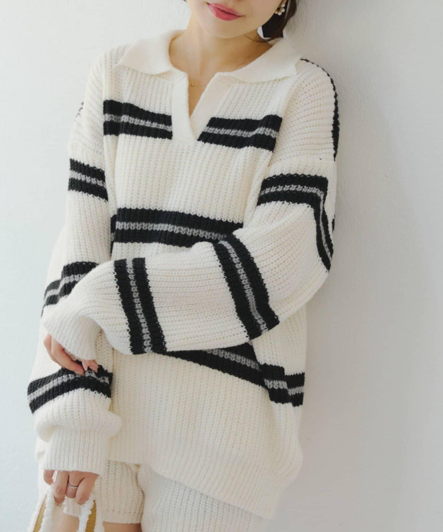 2套裝♪【RMAF】條紋針織POLO衫&針織短褲