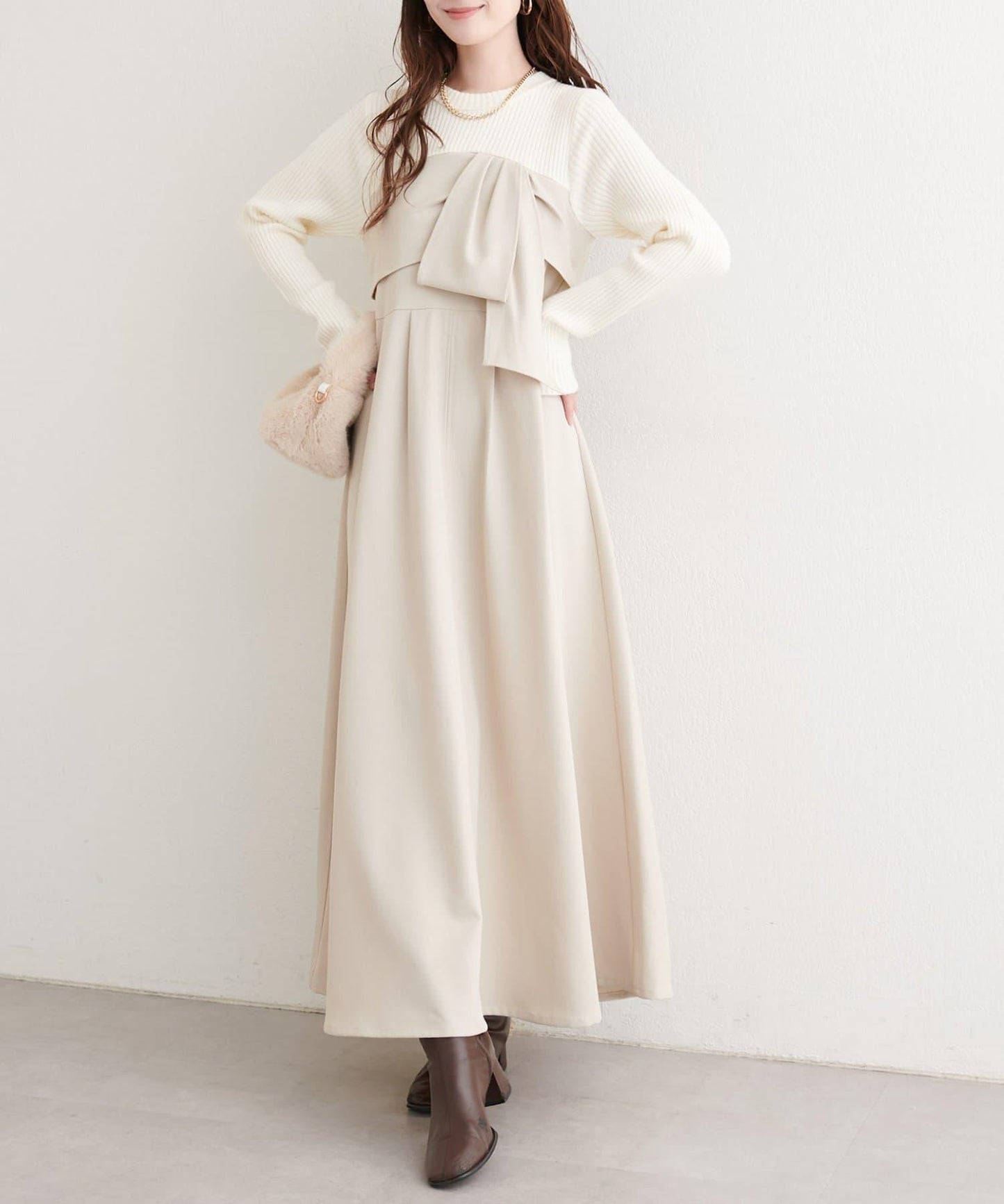 蝴蝶結風拼接連衣裙