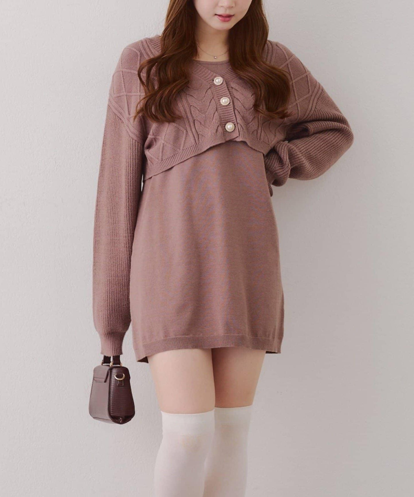 2套裝♪【RMAF】珍珠紐扣開衫+針織連衣裙