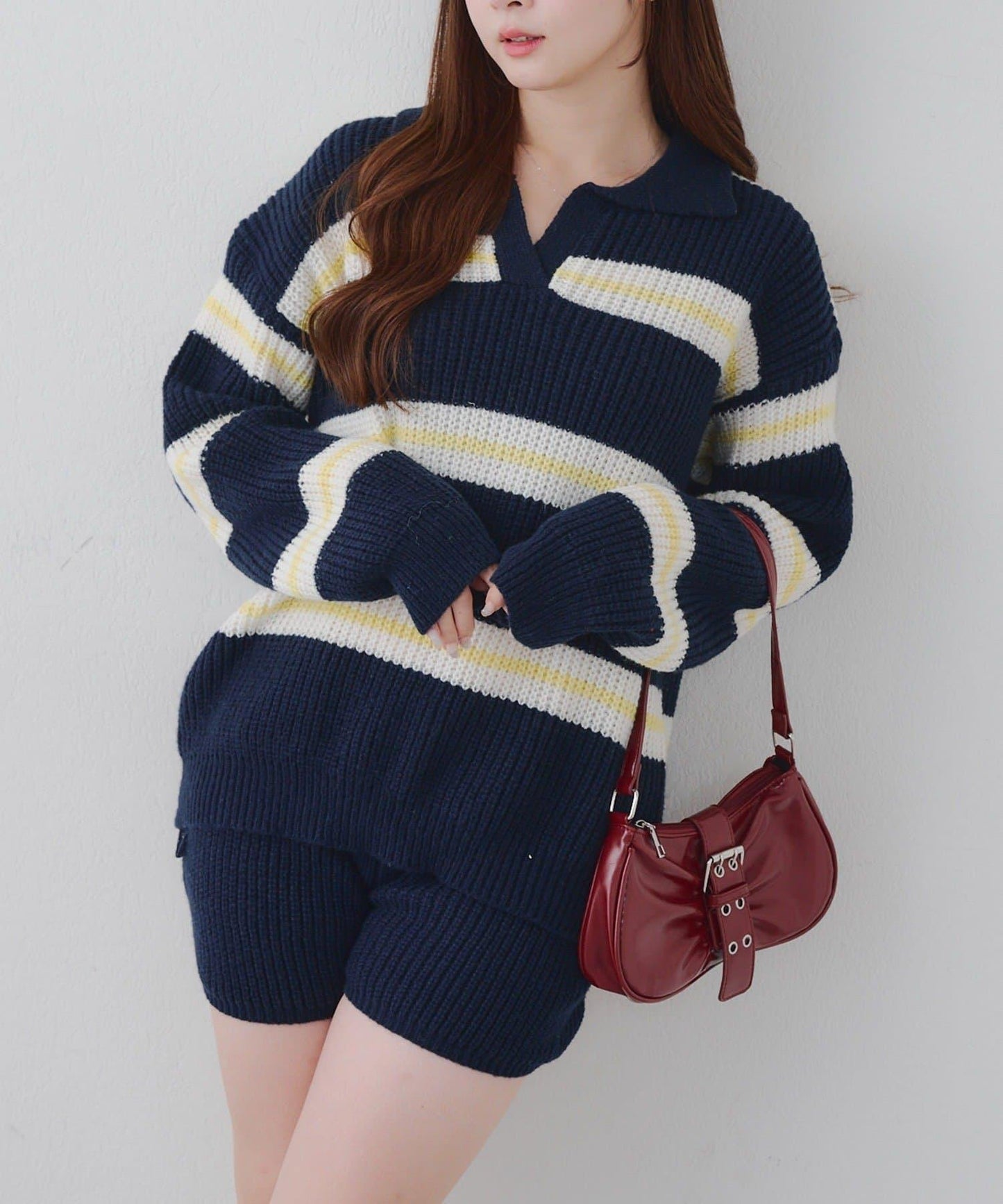 2套裝♪【RMAF】條紋針織POLO衫&針織短褲