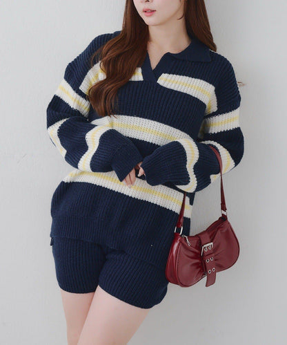 2套裝♪【RMAF】條紋針織POLO衫&針織短褲