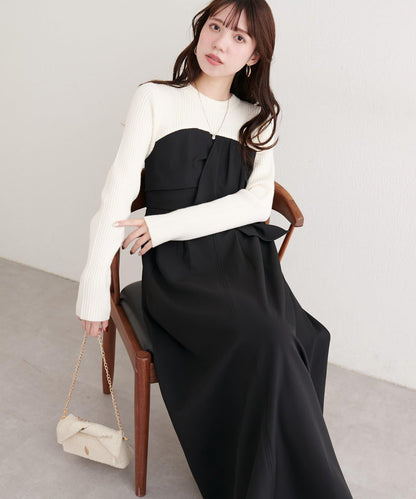 蝴蝶結風拼接連衣裙