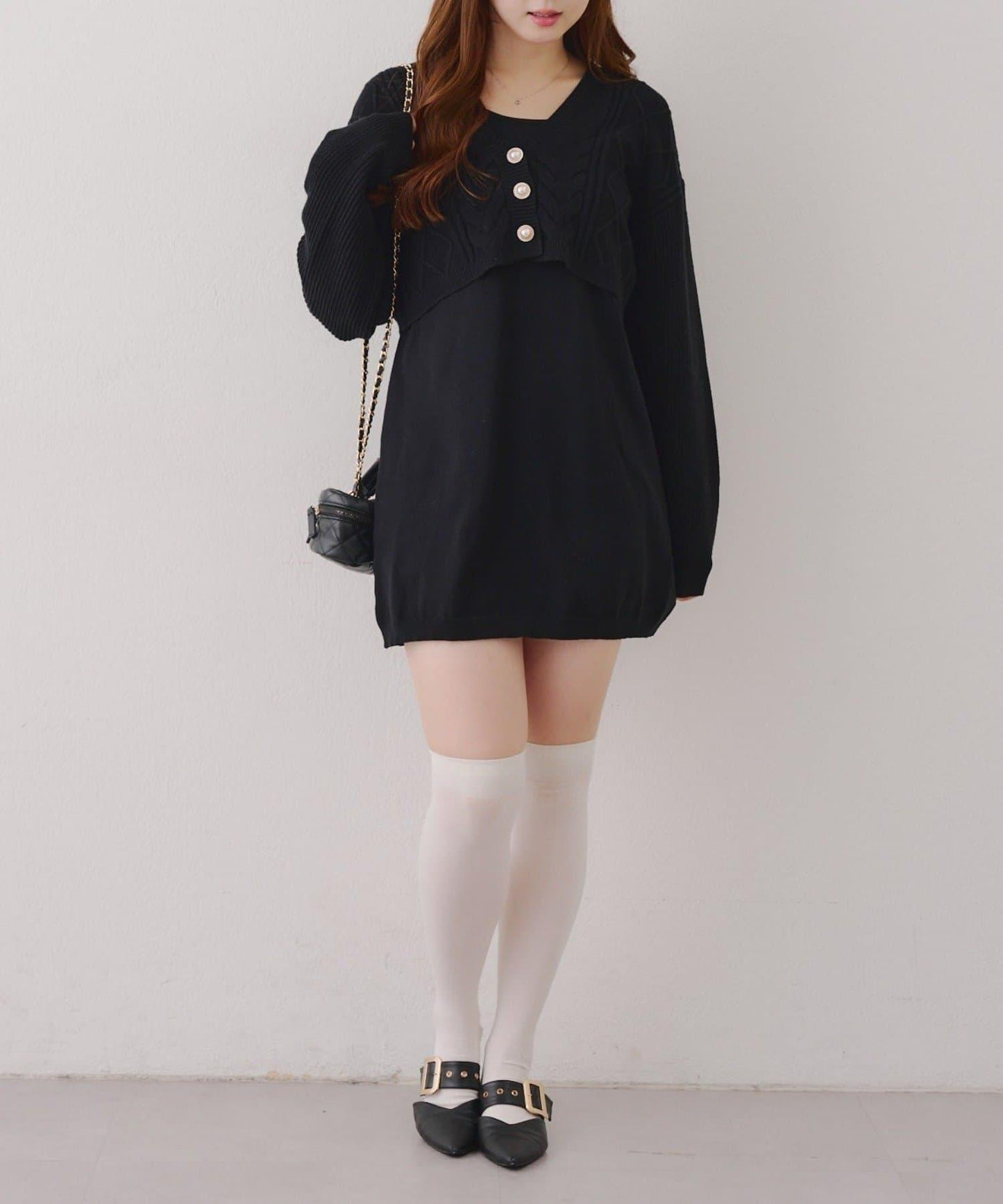 2套裝♪【RMAF】珍珠紐扣開衫+針織連衣裙