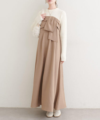 蝴蝶結風拼接連衣裙