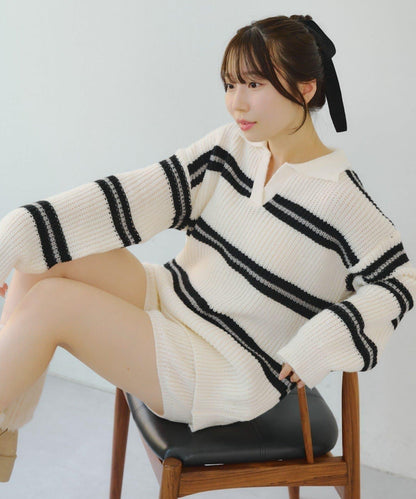 2套裝♪【RMAF】條紋針織POLO衫&針織短褲