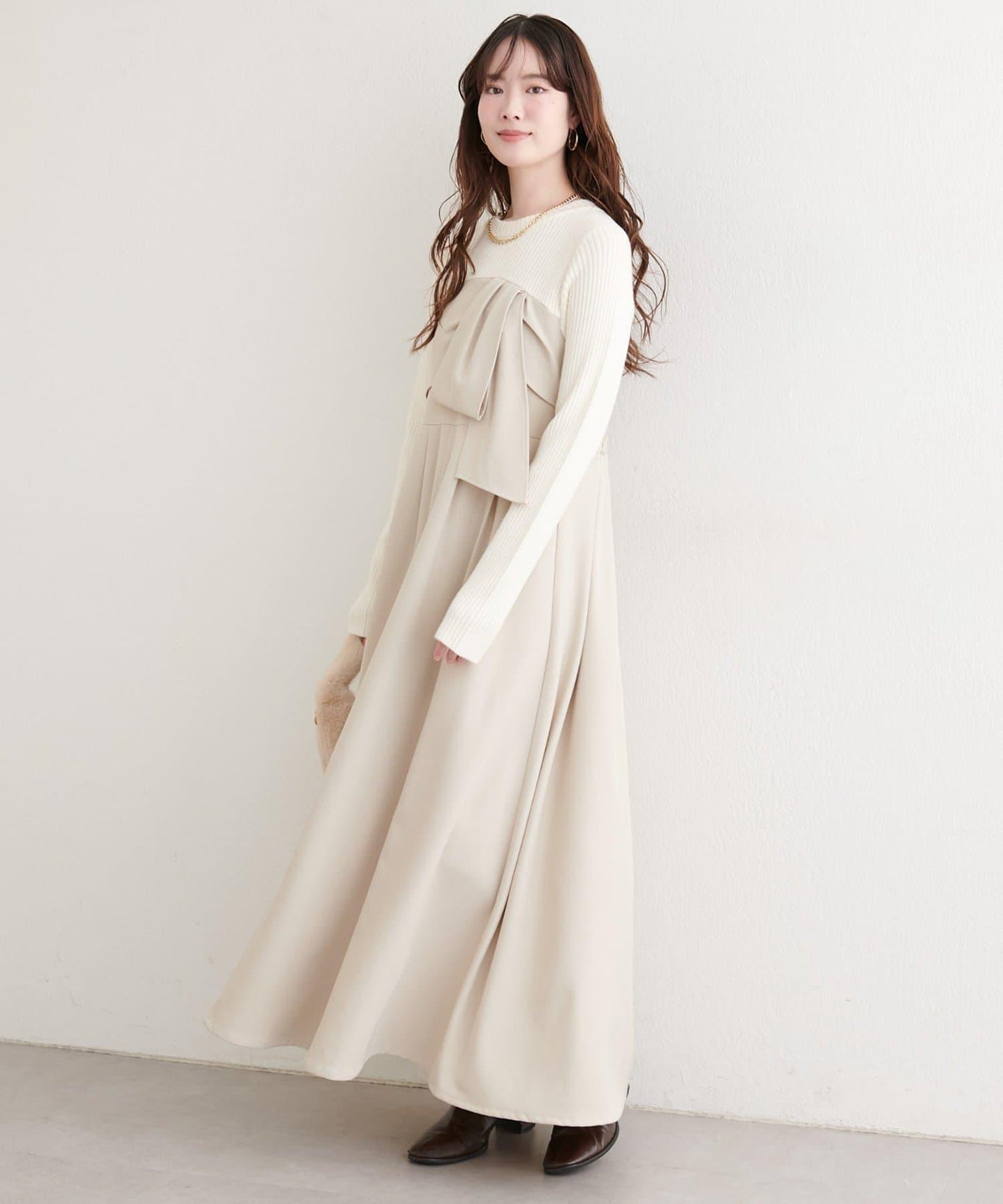 蝴蝶結風拼接連衣裙