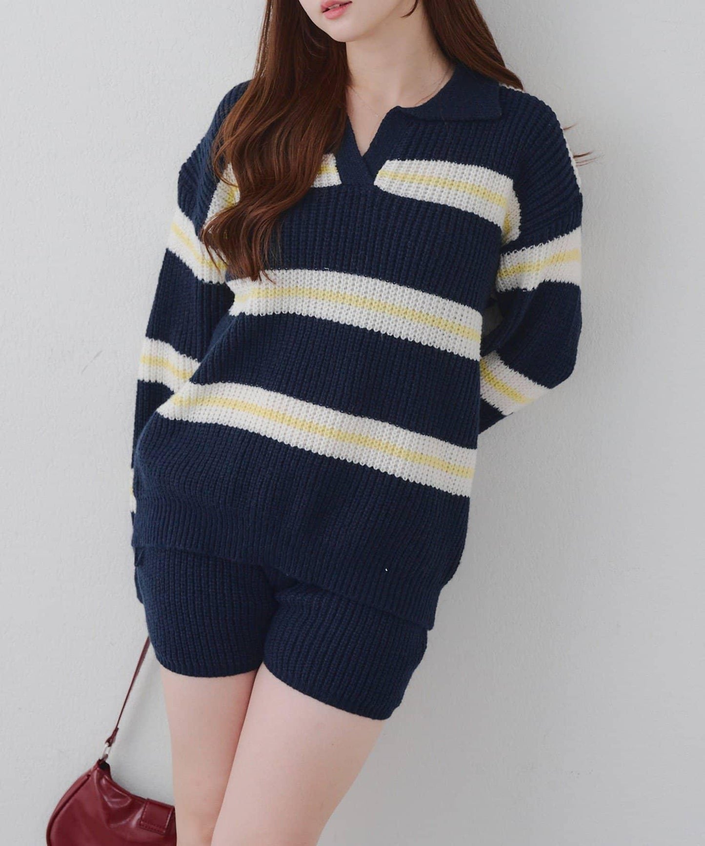 2套裝♪【RMAF】條紋針織POLO衫&針織短褲